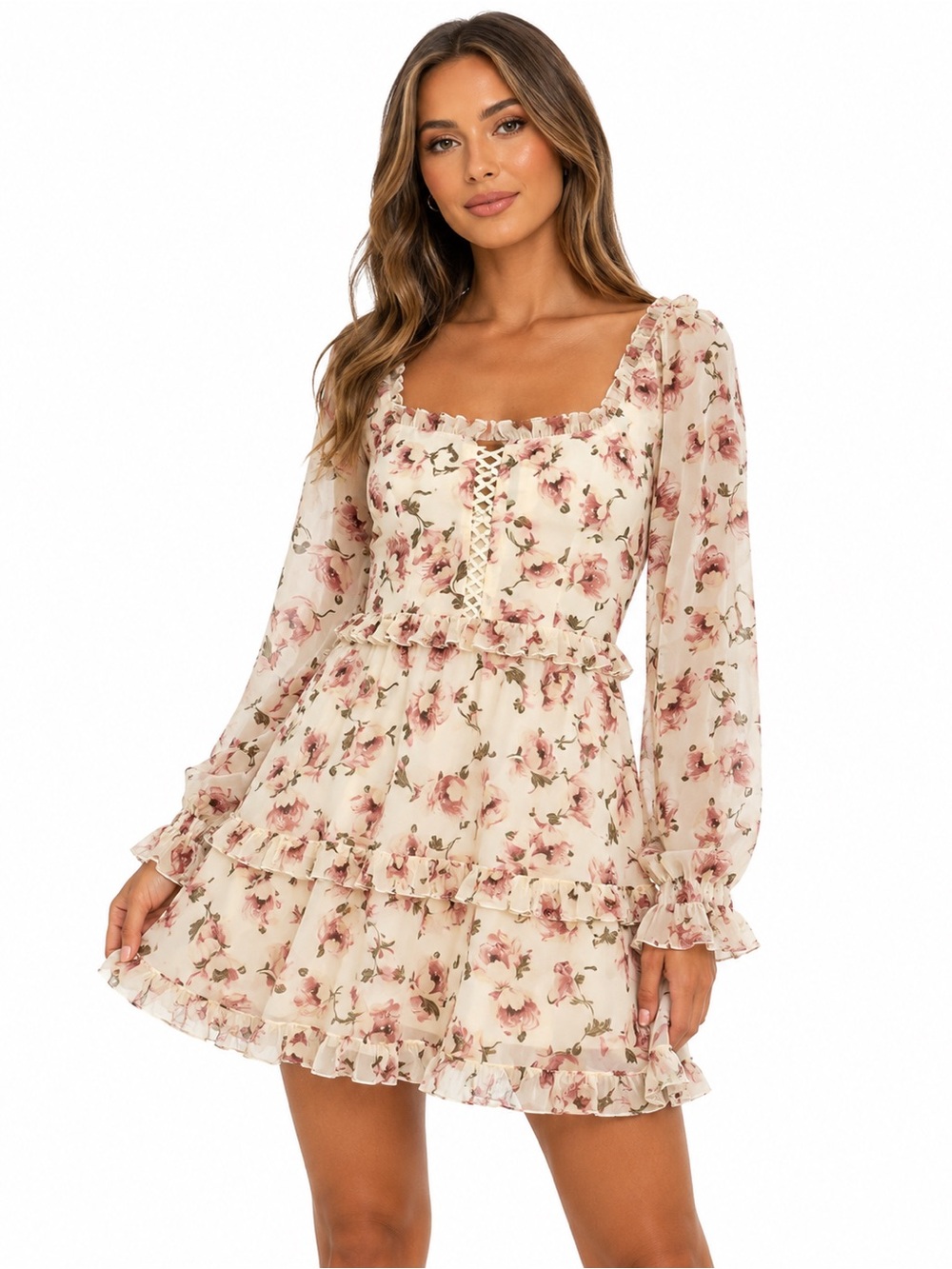 NWT Missguided Milkmaid Lace Up Ruffle Floral Mini Dress US 4